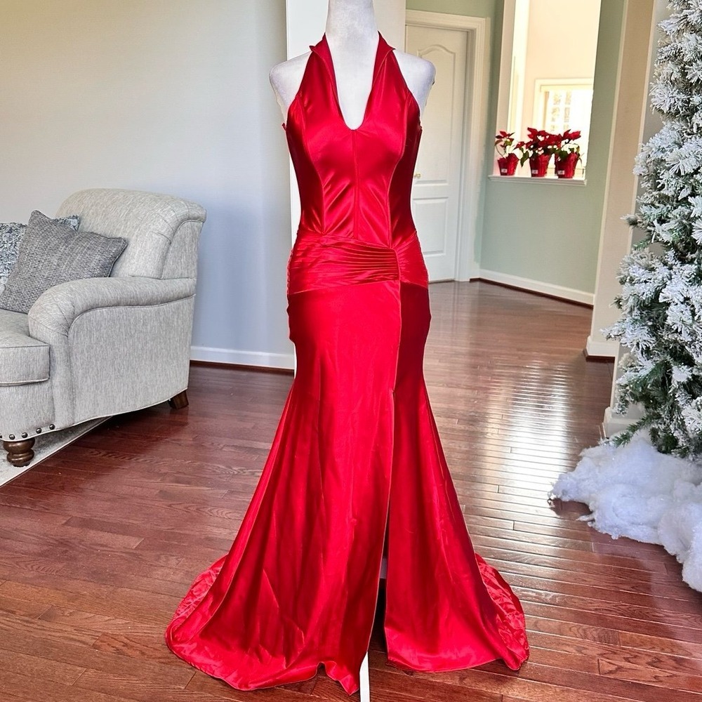 Vintage Anny Lee Red Satin Sexy Side Slit Halter Plunge Gown Dress XS